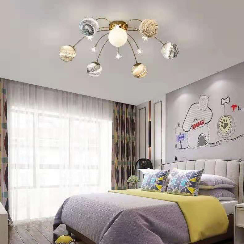 Contemporary Nordic Kids Iron Glass Ball Earth Planet 13-Light Semi-Flush Mount Ceiling Light For Bedroom