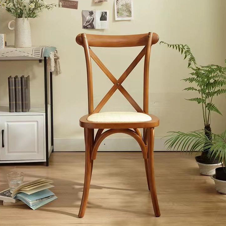 Traditional Vintage Square Solid Wood Rattan Dining Chair Cross Backrest For Dining Room