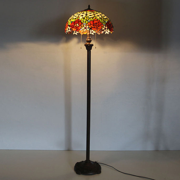 Traditional Tiffany Stained Glass Rose Flower Dome 2-Light Standing Floor Lamp For Bedroom