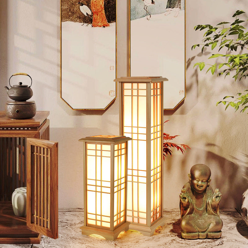 Traditional Japanese Wood Acrylic Pillar Rectangular 1/2/3 Light Standing Floor Lamp For Bedroom