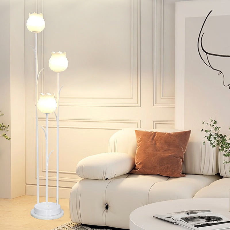 Contemporary Scandinavian Cylinder Flower Iron Glass 3-Light Standing Floor Lamp For Living Room