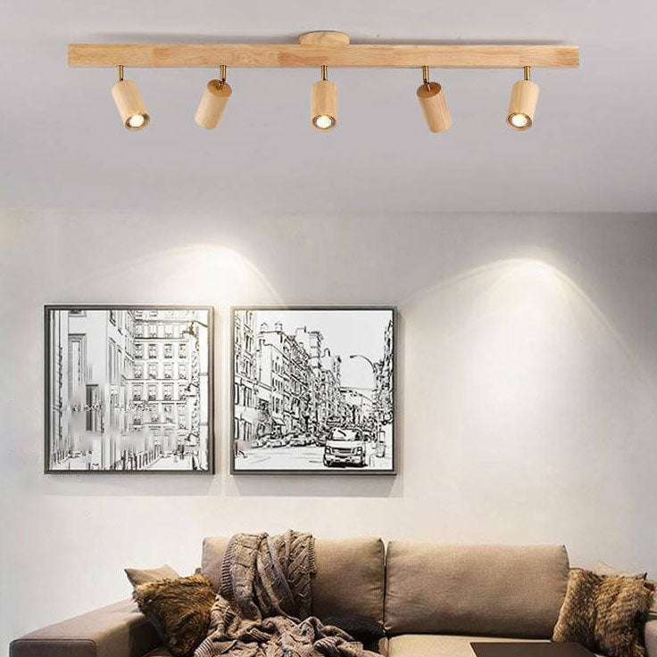 Japanese Minimalist Wooden Track Lighting LED 2/3/4/5 Light Semi-Flush Mount Ceiling Light