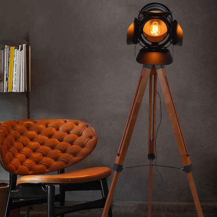 Industrial Vintage Solid Wood Iron Photographer Tripod 1-Light Standing Floor Lamp