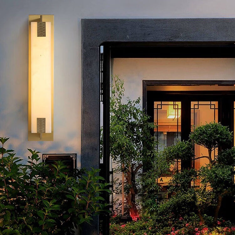 Modern Transitional Rectangular Copper Marble LED Outdoor Wall Sconce Lamp For Outdoor Patio