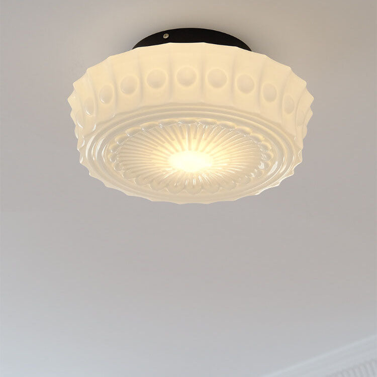 French Vintage White Jade Glass Stripes Round Drum LED Semi-Flush Mount Ceiling Light