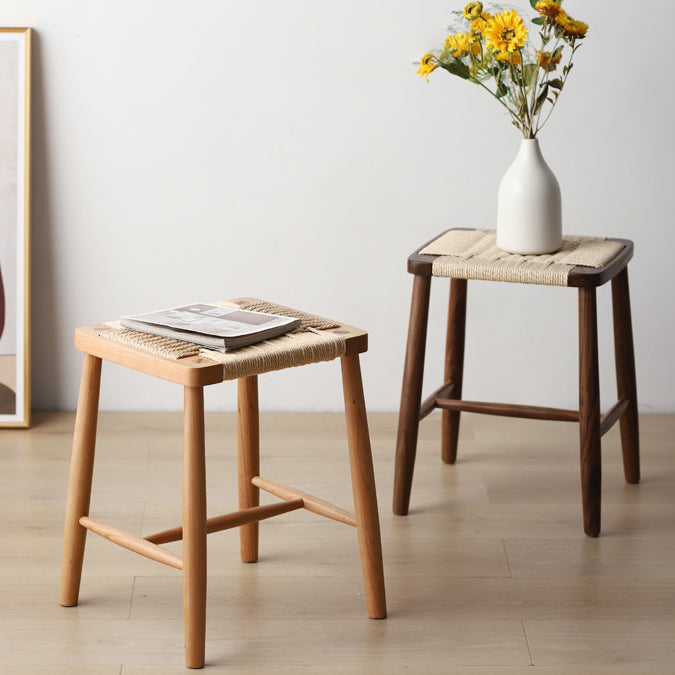 Traditional Vintage Braided Rope Wood Frame Square Footstool For Entryway