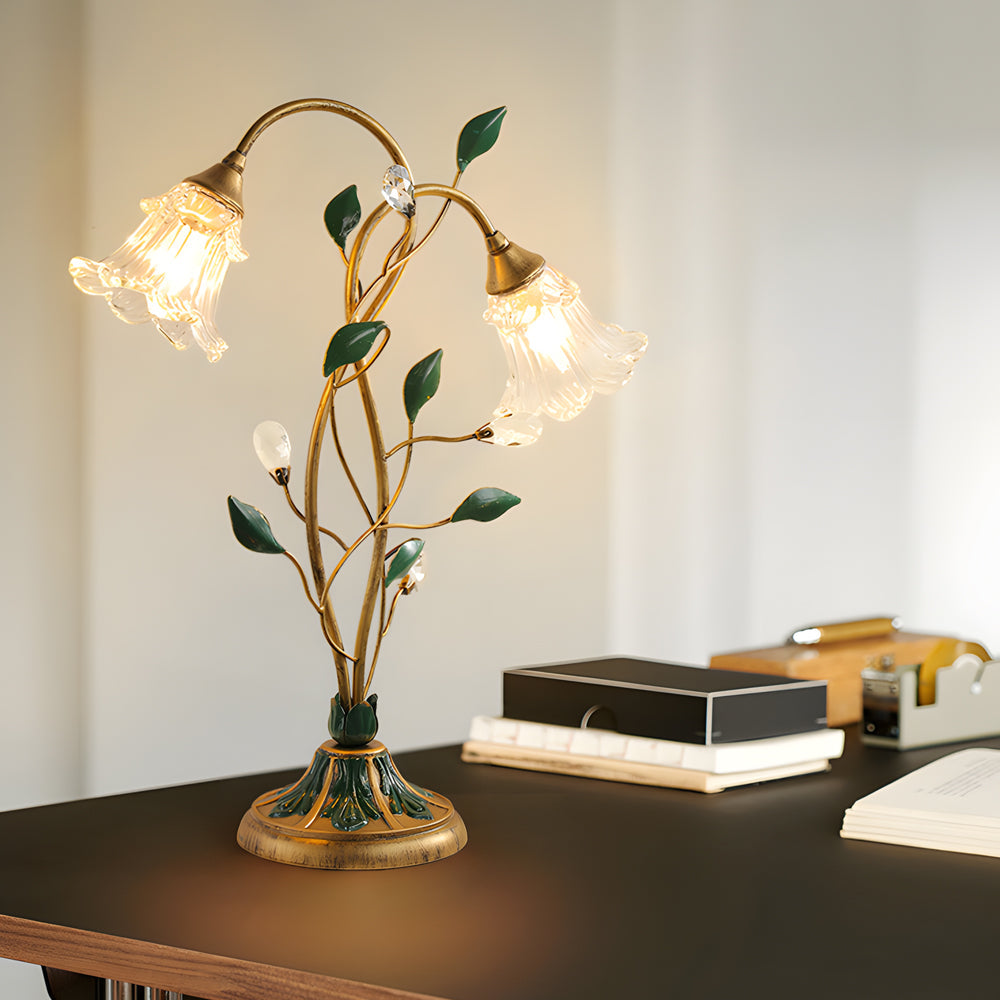 2 Lights Dimmable Glass Flowers Floral Desk Lamp with Green Leaves