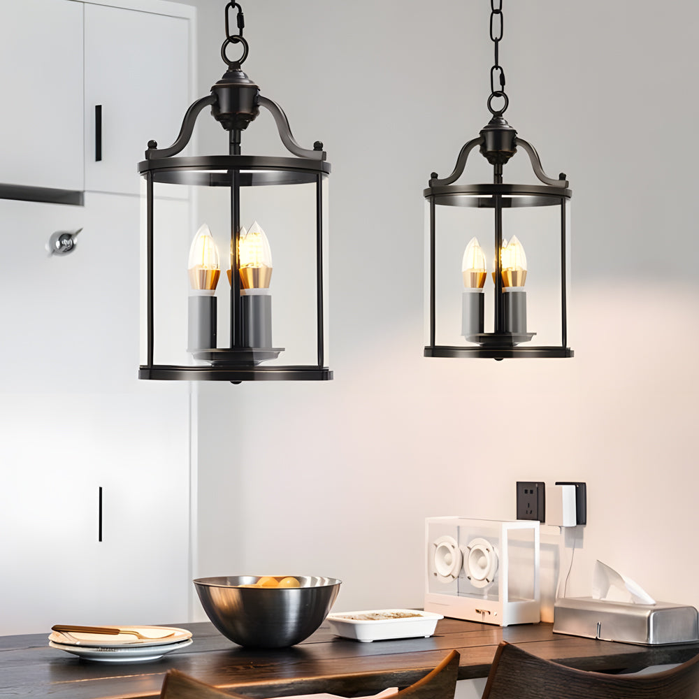 3/4-Light Candlelight Vintage Cylinder Glass Lantern Pendant Light - Black