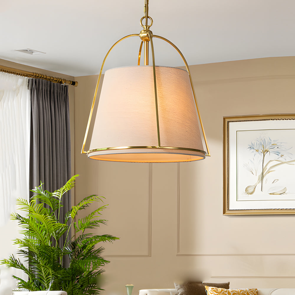 Trapezoid 13.8¡¯¡¯ Wide Pendant Gold Fixture with White Fabric Shade