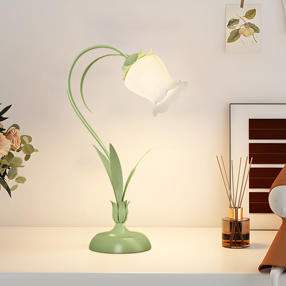 Pastoral Ins White Flowers 3 Step Dimming Green Rustic Style Desk Lamp