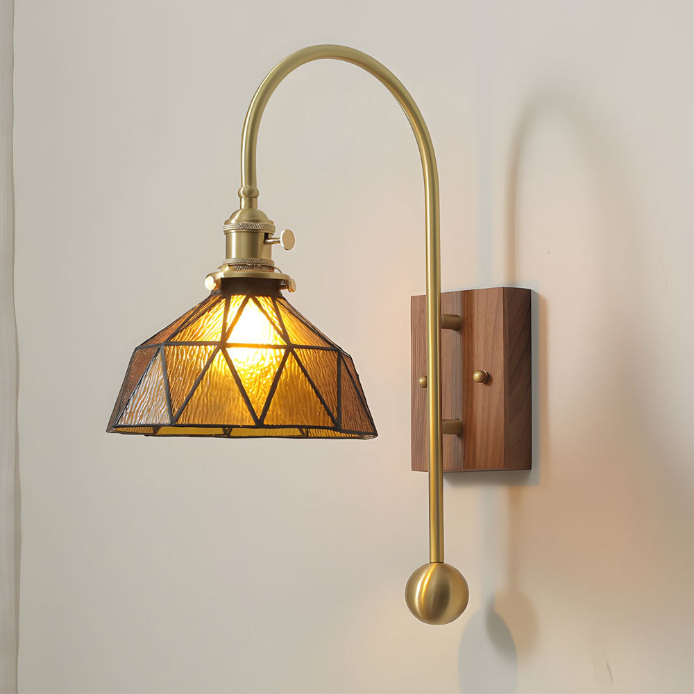 Vintage Brass Glass Shade High Arm Wall Lamp