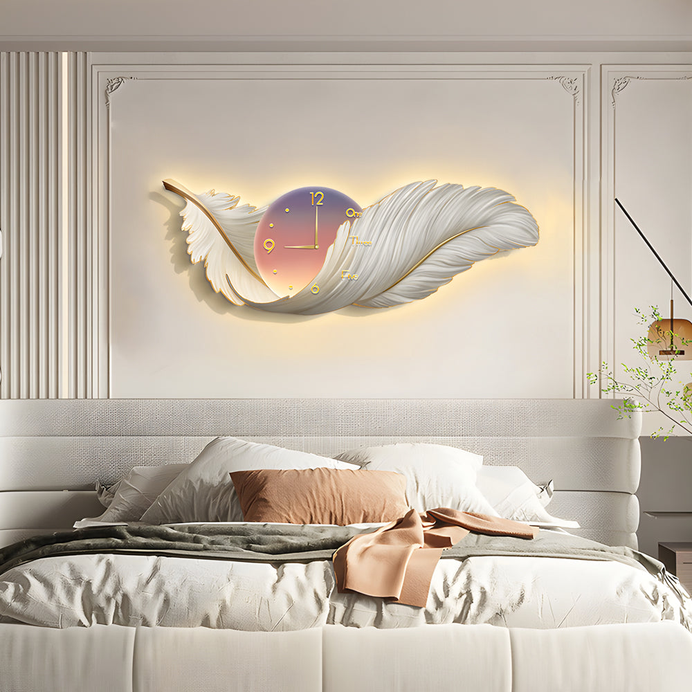 Feathers Decorative Painting with Clock USB Modern LED Wall Lamp Remote Control