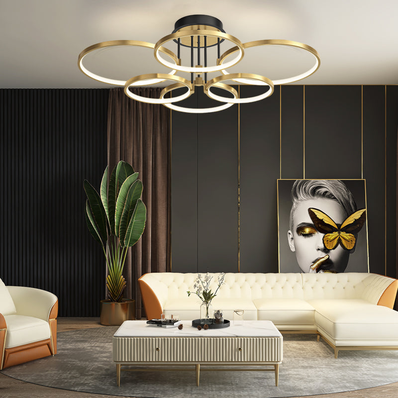 3/5/6 Rings Three Step Dimming Gold Modern Ceiling Lights with Leather