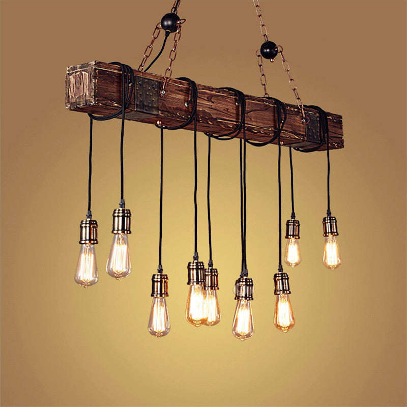 Traditional Vintage Rectangular Wood Iron 10-Light Island Light Chandelier Light For Living Room