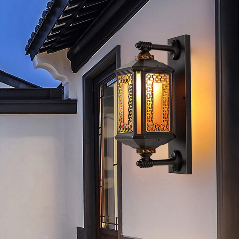 Traditional Chinese Rectangular Lantern Aluminum Glass 1-Light Outdoor Wall Sconce Lamp For Garden