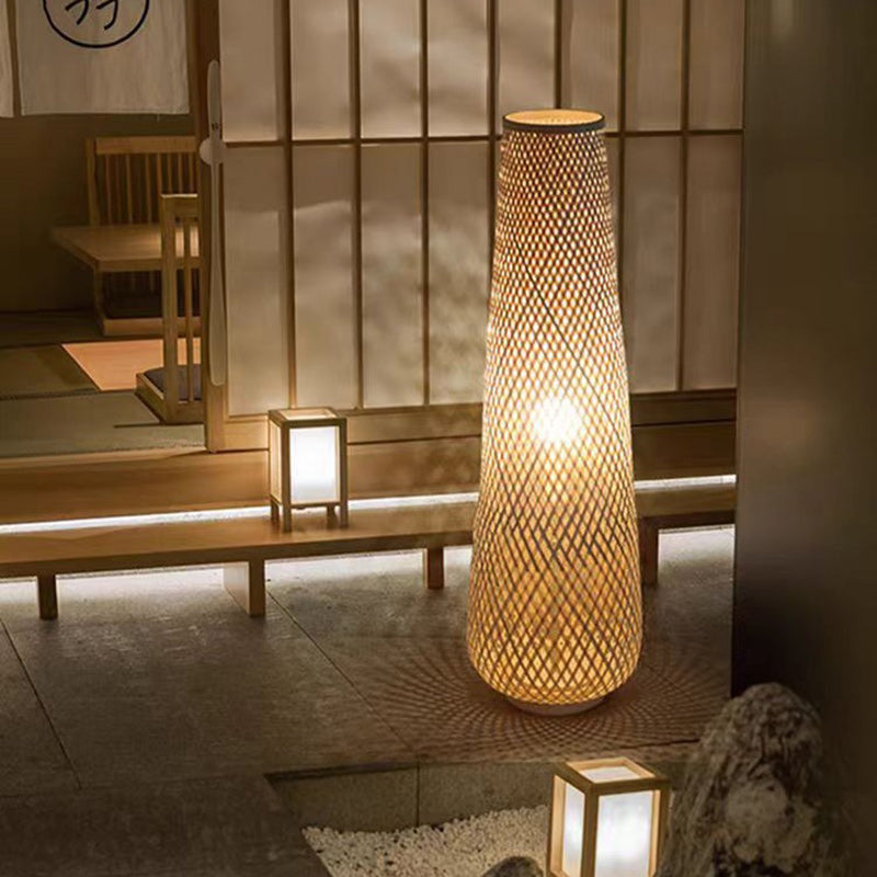 Traditional Chinese Cylinder Bamboo 1-Light Standing Floor Lamp For Living Room