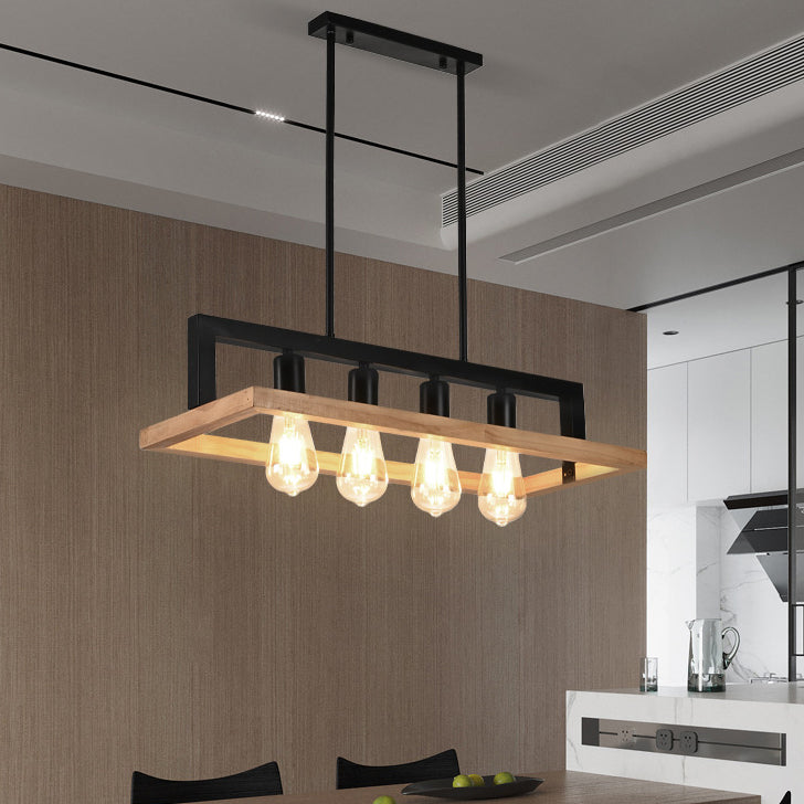 Modern Minimalist Rectangle Wood Iron 4-Light Island Light Chandelier For Dining Room