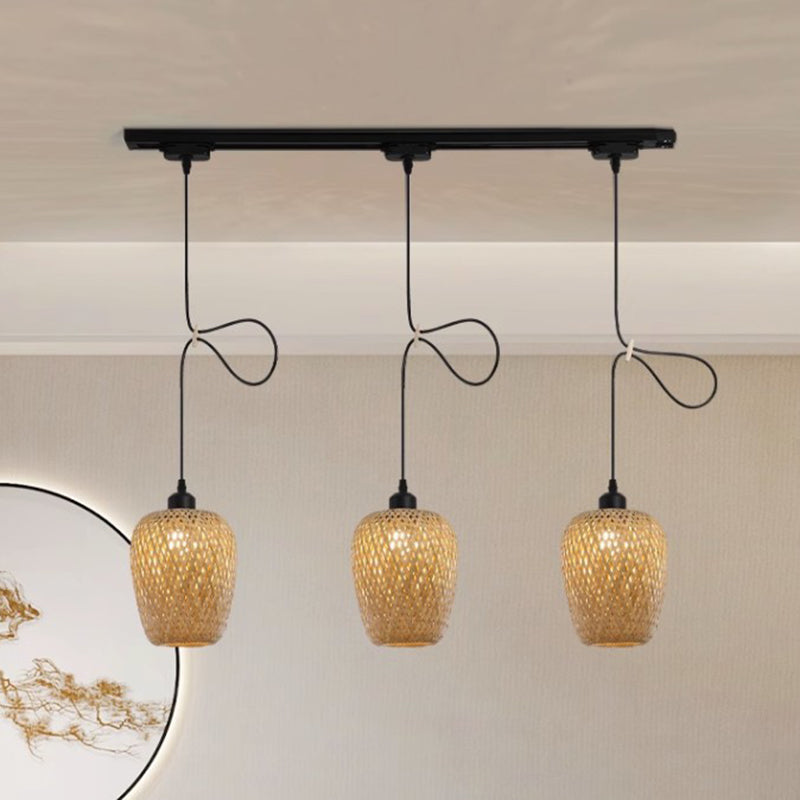 Contemporary Boho Lantern Shape Bamboo Weaving Wood 3-Light Pendant Light For Living Room