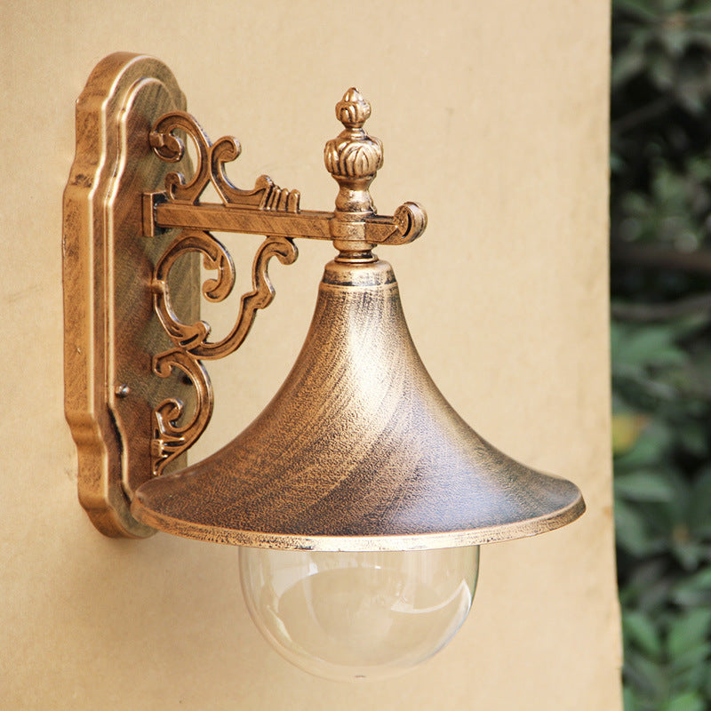 Traditional Vintage Waterproof Flared Carved Iron Die-Cast Aluminum Acrylic 1-Light Outdoor Wall Sconce Lamp For Garden