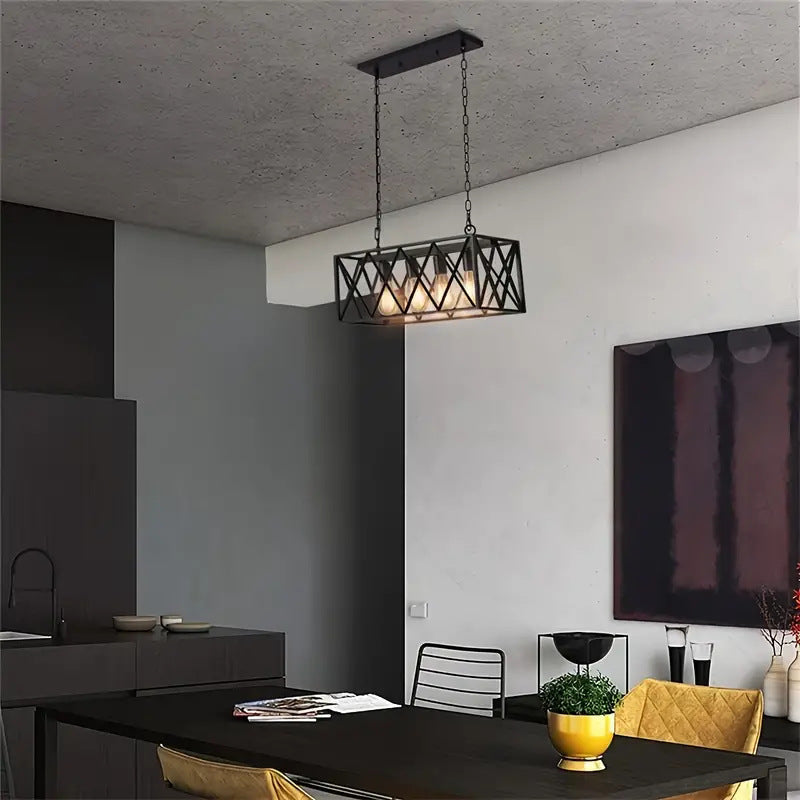 Contemporary Industrial Rectangle Mesh Long Iron 4/6 Light Chandelier Island Light For Dining Room