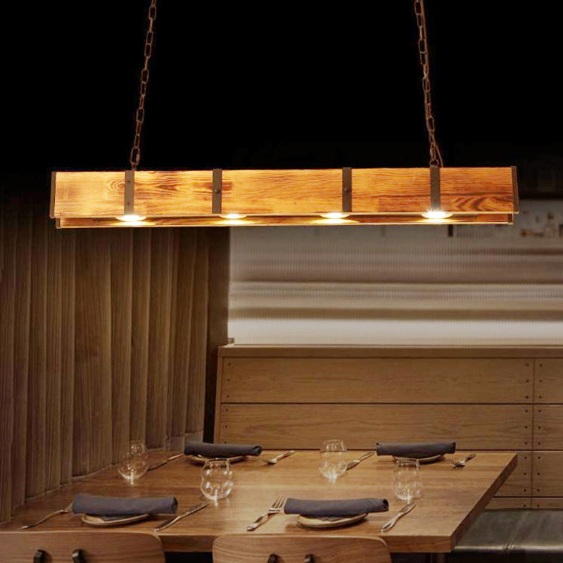 Traditional Rustic Long Strip Wood Iron Spotlight LED Island Light Chandelier For Dining Room