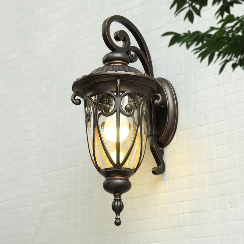 Traditional European Antique Bronze Aluminum Glass 1-Light Porch Light Wall Sconce Lamp For Outdoor Patio