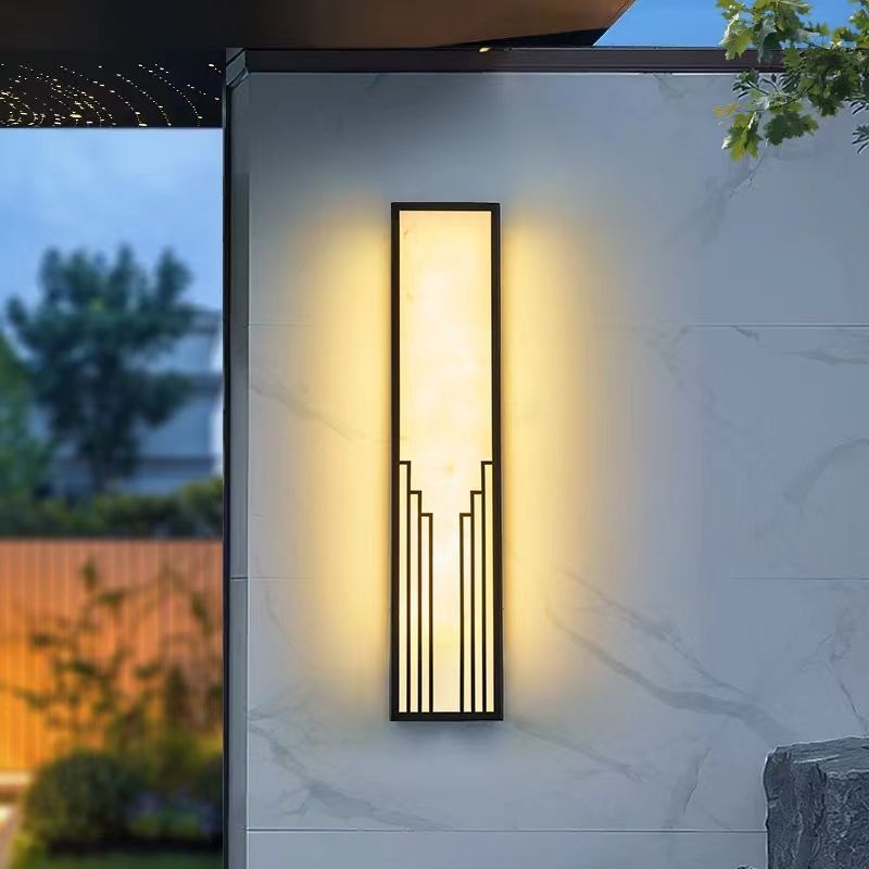 Traditional Chinese Stainless Steel Rectangular Imitation Marble Shade LED Outdoor Wall Sconce Lamp For Garden