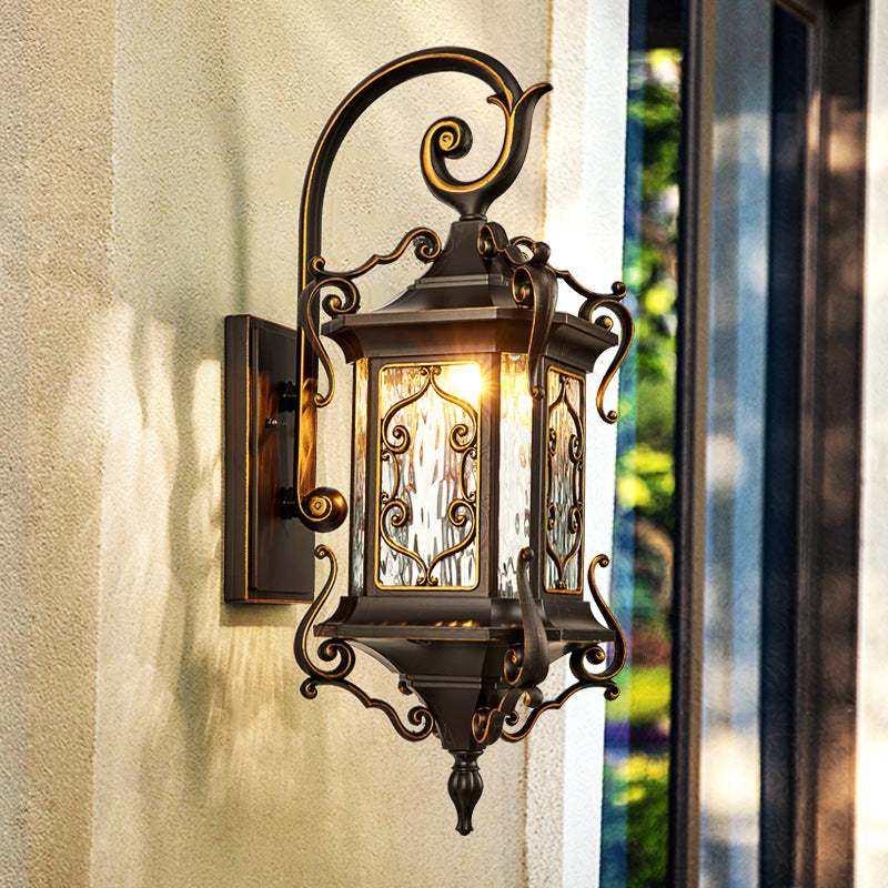 Traditional European Aluminum Arc Carving Frame Water Ripple Glass 1-Light Outdoor Waterproof Wall Sconce Lamp For Garden