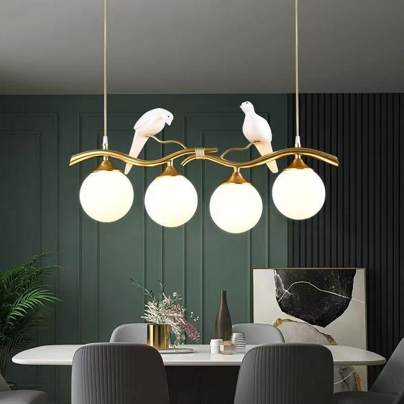 Contemporary Creative Bird Sphere Iron Glass Resin 4-Light Chandelier Island Light For Living Room