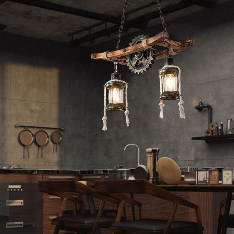 Contemporary Industrial Cylinders Solid Wood Iron 2-Light Chandelier Island Light For Dining Room