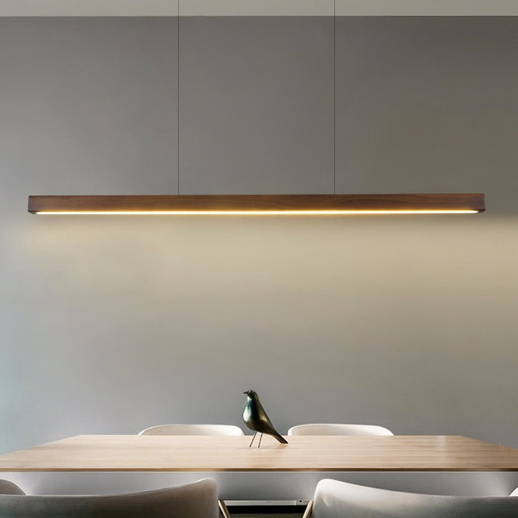 Modern Minimalist Rectangular Long Plate PC Walnut Raw Wood Aluminum LED Chandelier Island Light For Dining Room