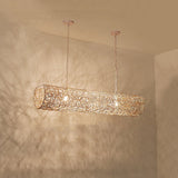 Traditional Japanese Weaving Rattan Metal Cylinder Long Barrel 2/3/4/6/7/9 Light Chandeliers Island Light For Dining Room