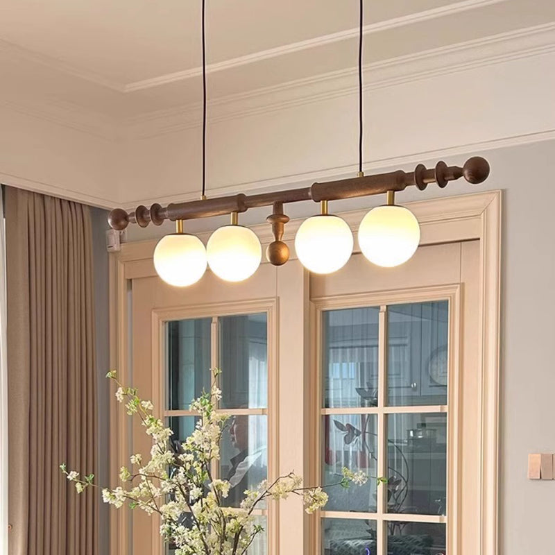 Contemporary Retro Ash Wood Metal Glass Ball Column 4-Light Chandeliers Island Light For Dining Room