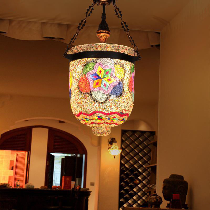 Contemporary Boho Iron Glass Decorative Cylinder Mosaic 3-Light Chandeliers For Dining Room