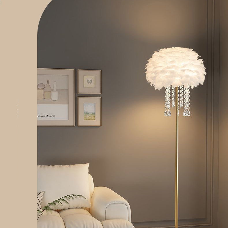 Contemporary Nordic Iron Feather Crystal Oval 1-Light Standing Floor Lamp For Living Room