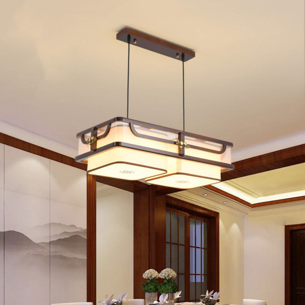 Traditional Chinese Begonia Wood Brass Acrylic Square Rectangular LED Chandeliers Island Light For Dining Room