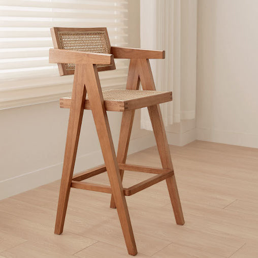 Contemporary Retro Square Wood Rattan Bar Stool Armrest Backrest For Dining Room