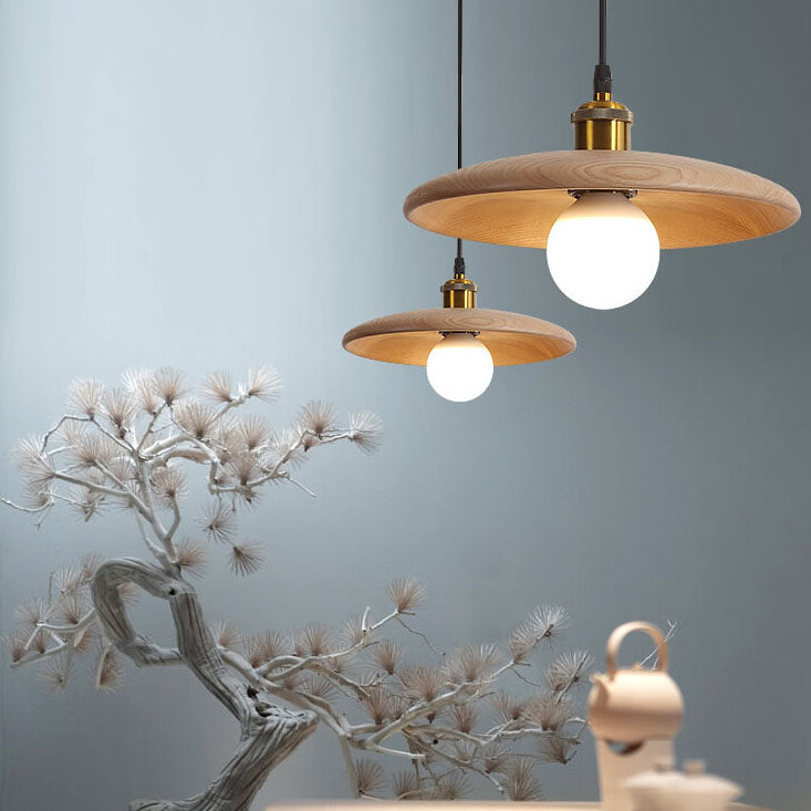 Minimalist Wooden 1-Light Saucer Shaped Pendant Light