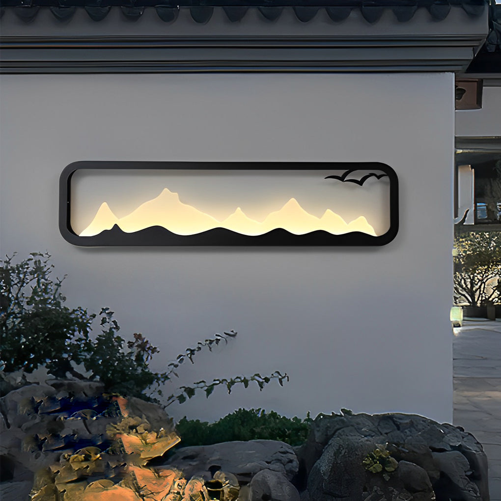 Rectangular Mountain Scenery LED Waterproof Black Outdoor Wall Lamp