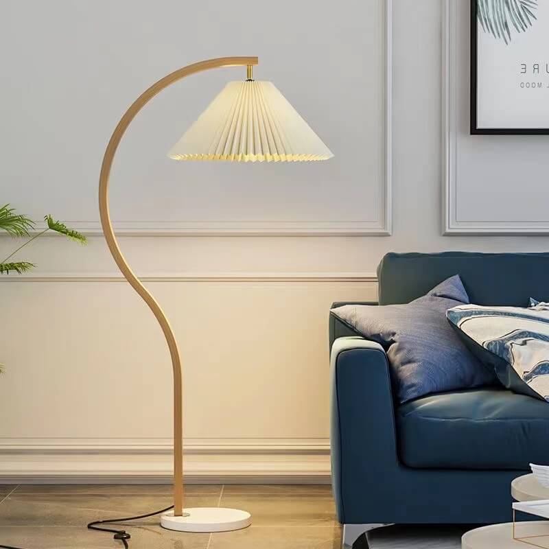 Japanese Minimalist Pleated Fabric Curved Iron 1-Light Standing Floor Lamp