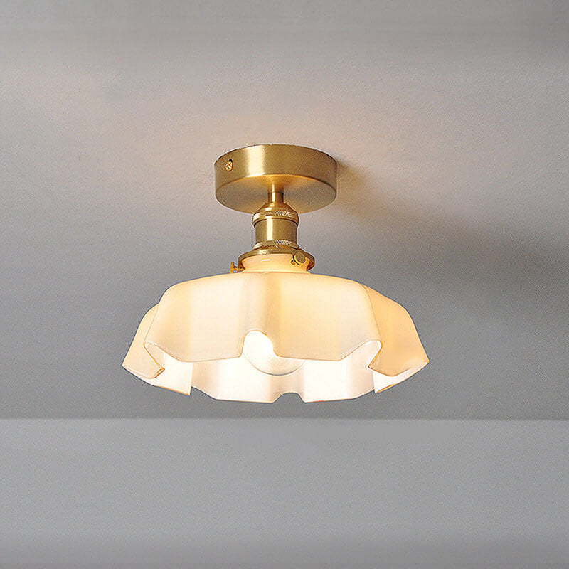 Japanese Vintage Cream Glass Floral Brass 1-Light Semi-Flush Mount Ceiling Light