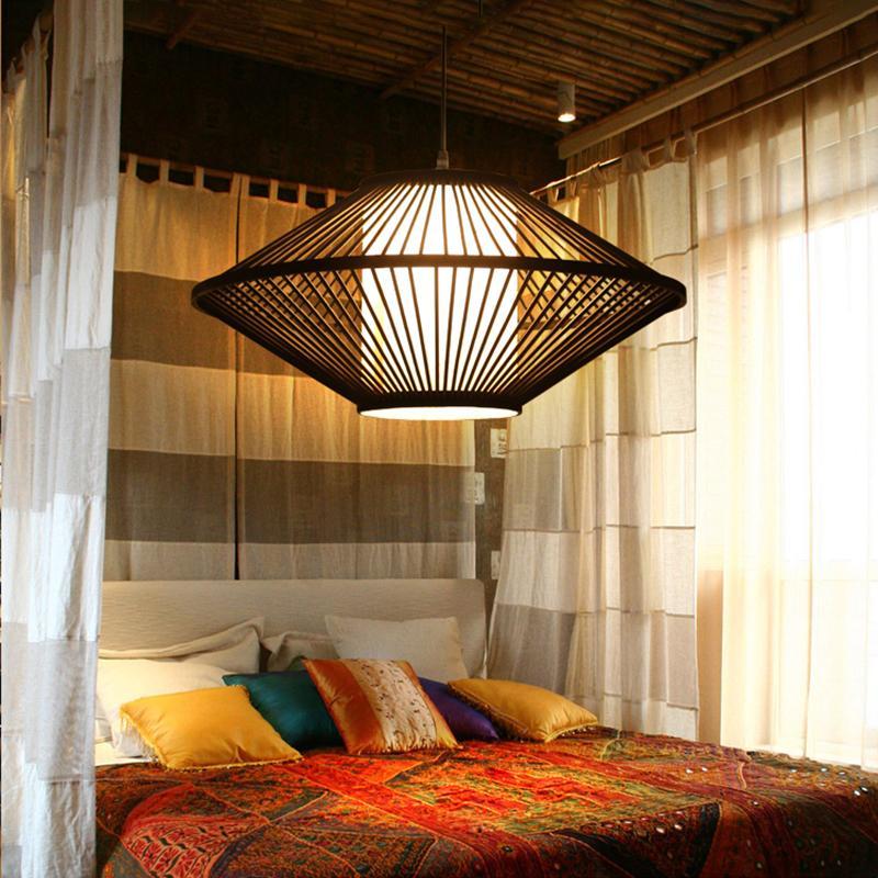 Circular Quasi Pyramid Shaped Black Bamboo Bedroom Pendant Lighting