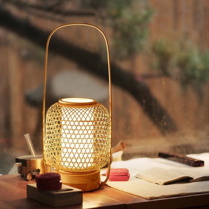 Rustic Woven Bamboo Wrap Column LED Accent Table Lamp