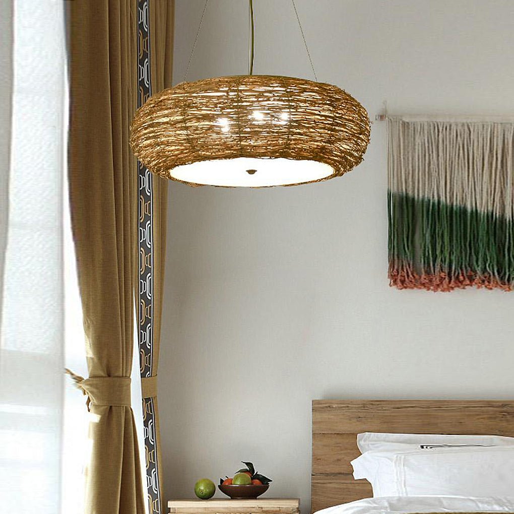 Flat Peach Shaped Wicker Pendant Light Farmhouse Burlywood Ceiling Light