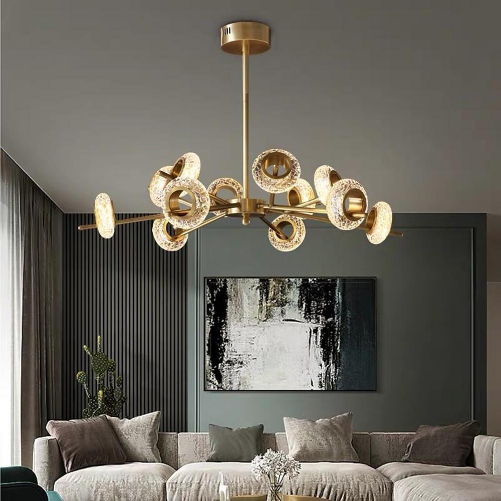 Modern Brass LED Chandelier with Ring Crystal Shades