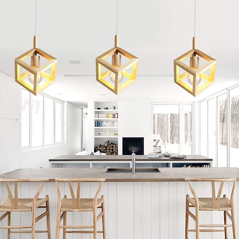 Wood Square LED Modern Island Lights Pendant Lighting Hanging Ceiling Lamp