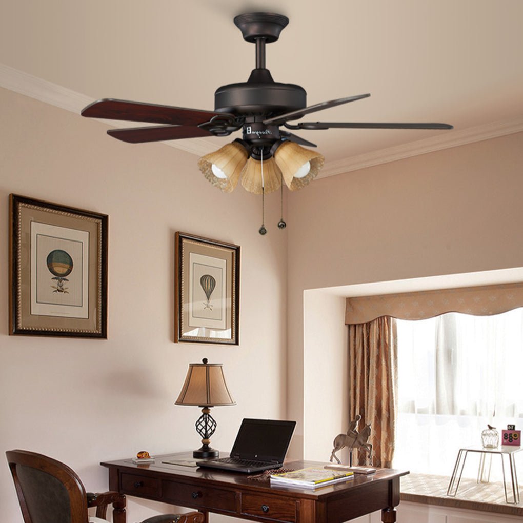 Retro Pastoral Hanging Noiseless Heat Resistant Wood Blade Ceiling Fan Lamp