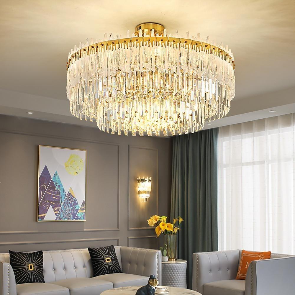 Nordic Style Round Gold Crystal Chandelier: 16” cord, Gold, Neutral Light