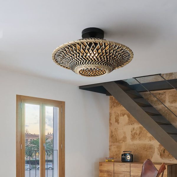 Chinese Zen Bamboo Weaving Flying Saucer Shape 1-Light Semi-Flush Mount Ceiling Light - Image 7