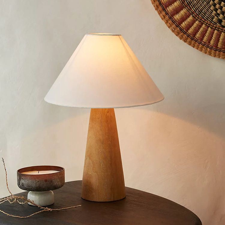 01-0ce5701a-8df4-428b-91b6-66aa42e9c12b.jpg Traditional Japanese Vintage Cone Fabric Wood Base 1-Light Table Lamp For Bedroom - Image 1